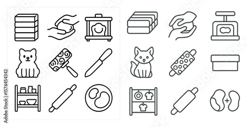 The image displays a collection of kitchen-related icons, such as a rolling pin, a knife, and a bowl. These icons are arranged in a grid-like pattern, with each icon occupying a separate space
