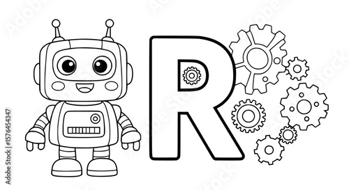 Letter R with a cute robot and gears around it, simple outline for coloring.generative ai