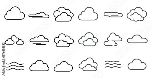 Series of clouds in various shapes and sizes. The clouds are white and are scattered throughout the image