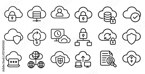 Collection of cloud icons, including a clock, a person, and a key. The icons represent various aspects of cloud computing, such as security, storage, and networking