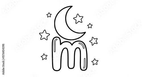 Letter M with a crescent moon and stars around it, outlined drawing, kids style.generative ai