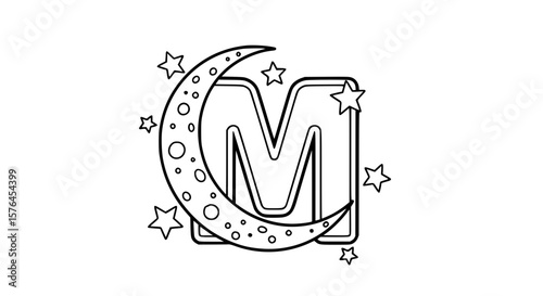 Letter M with a crescent moon and stars around it, outlined drawing, kids style.generative ai