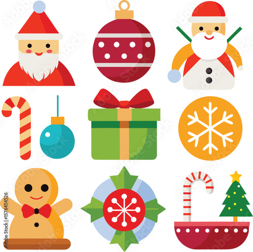 Flat Christmas Icon Set – Santa, Snowman, Gifts, Candy Cane, Snowflake, Gingerbread & Decorations
