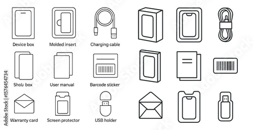 Set of cell phone accessories including a charging cable, a box, a manual, a wallet, a remote, a keyboard, a screen protector, a case, a keyboard, a phone, a charger, a wallet, a remote, a keyboard