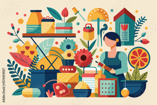 Vibrant abstract illustration featuring a woman in a kitchen surrounded by flowers, food, and kitchen tools. The colorful design evokes creativity, home cooking, and joyful culinary exploration.
