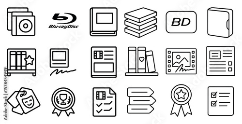 Set of icons for a Blu-ray disc. The icons include a book, a DVD, a star, a check mark, and a star