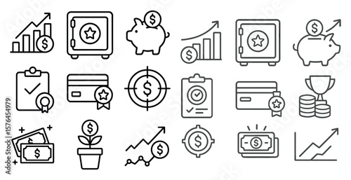 Collection of financial symbols including a piggy bank, a safe, a credit card, and a checkbook