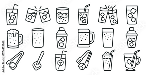 Collection of various drinks and utensils, such as a straw, spoon, and cup, are shown in a series of images. The drinks include a variety of beverages, such as beer, cocktails, and hot drinks