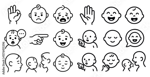 Collection of baby faces with different expressions and one with a hand pointing. Scene is playful and lighthearted