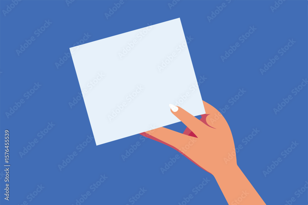 Obraz premium A minimalist vector illustration depicting a hand holding a blank white card against a blue background, symbolizing communication, message, or invitation.