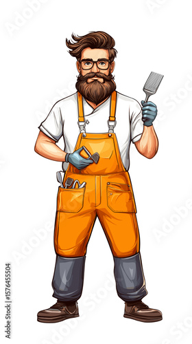 Cartoon male builder holding a trowel in orange overalls and gloves  