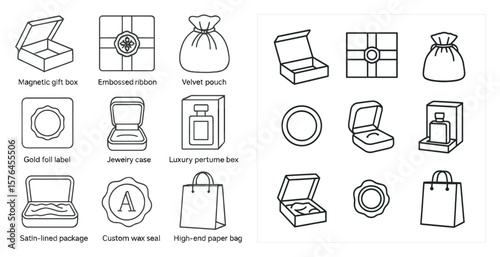 Collection of different types of boxes and bags, including a gold box, a perfume box, and a paper bag