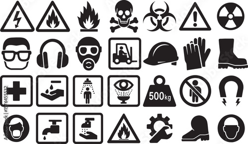 Black and White Safety Icons Set Warning Symbols and Protective Gear