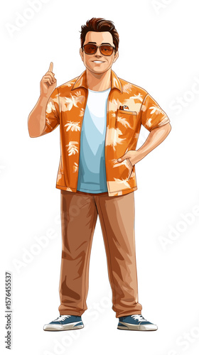 Man in Hawaiian shirt gesturing with finger in casual pose  