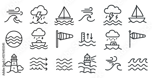 Collection of water-themed icons, such as a boat, a lighthouse, and a sailboat
