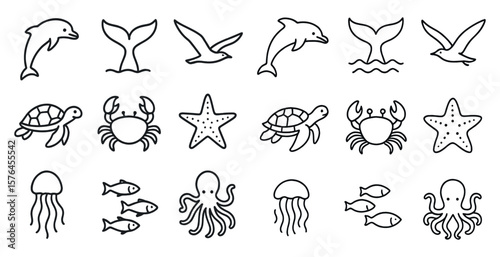 Series of sea creatures drawn in black and white. The image is of a variety of sea creatures, including a starfish, a crab, a dolphin, a fish, a jellyfish, and a whale