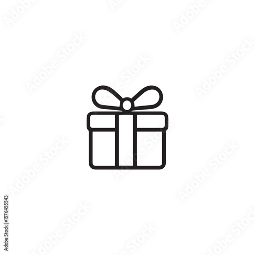 Simple line drawing of gift box with ribbon on white background icon
