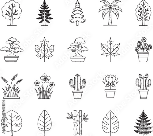 Black and White Outlined Plant and Leaf Icons tree