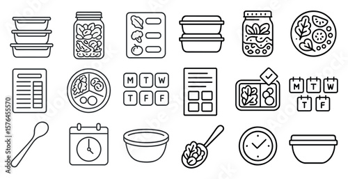 Collection of food and kitchen items, including bowls, spoons, and cups. Concept of organization and cleanliness, with the various items arranged neatly in a row