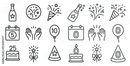 Set of black and white icons for various celebrations, including birthday cakes, balloons, and candles
