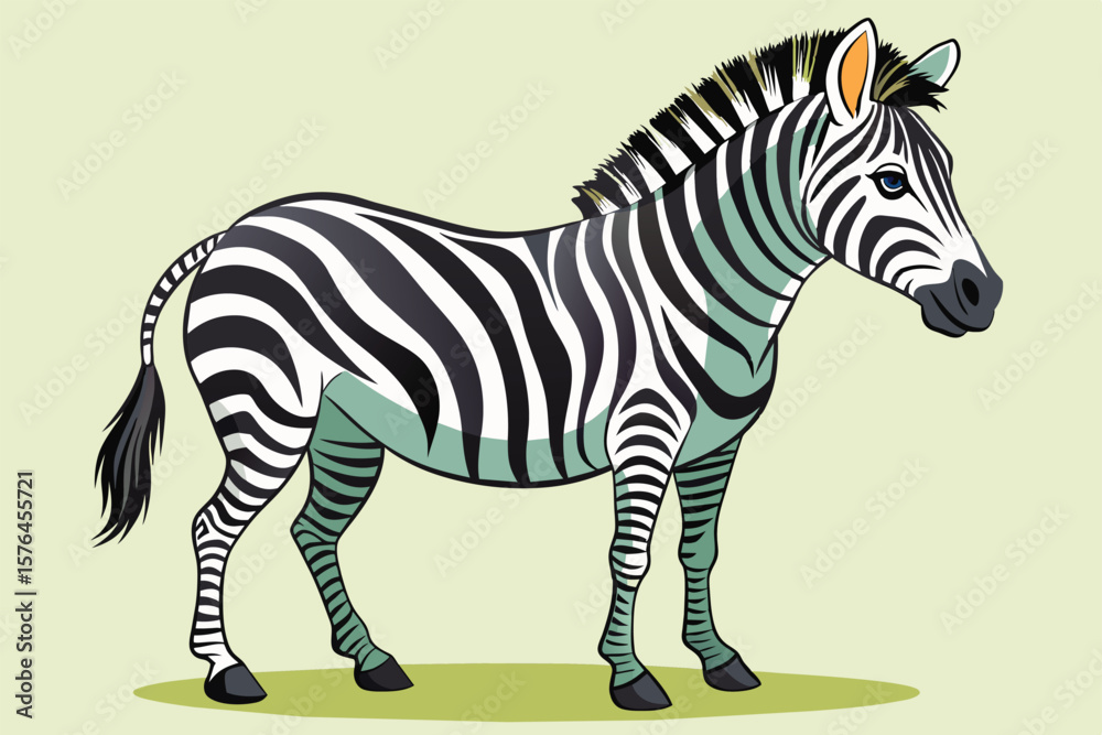 Obraz premium A vibrant, artistic depiction of a zebra standing gracefully on green grass, showcasing its iconic black and white stripes against a light background.