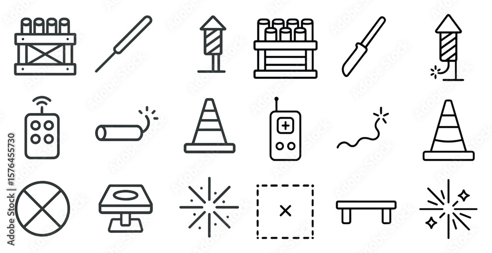 Fototapeta premium Set of icons for various objects, including a remote control, a firework, and a cone