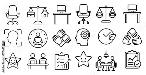 Collection of office icons including a clock, a chair, a desk, and a person. The icons are all in black and white