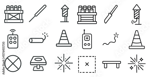 Set of icons for various objects, including a remote control, a firework, and a cone