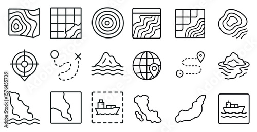 Set of icons for various types of maps. The icons include a compass, a ship, a mountain, and a globe