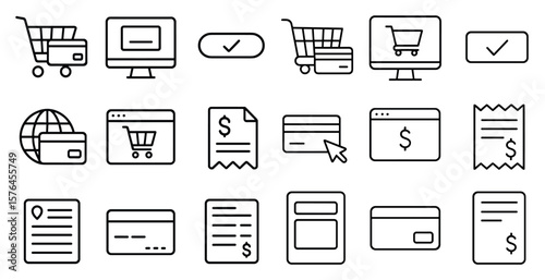Set of shopping icons including a credit card, a shopping cart, and a receipt. The icons are all in black and white and are arranged in a grid