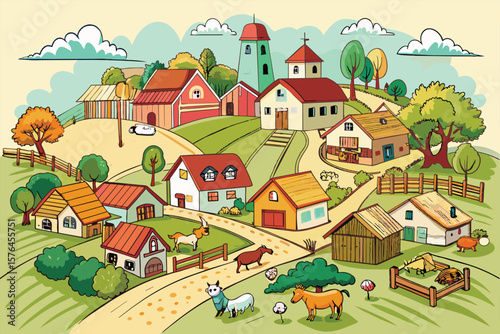 Charming cartoon village scene featuring various farm animals and colorful buildings in a lush countryside setting, depicting a lively and vibrant rural life.