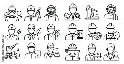 Collection of men in various work uniforms, including construction workers, oil rig workers, and others