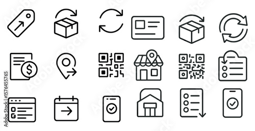 Set of icons for a shopping app. The icons include a shopping cart, a receipt, a box, a check, a phone, a house, a box, a receipt, a box, a check, a phone, a house