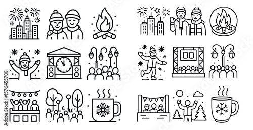 Series of black and white illustrations of people enjoying the winter season. The illustrations include people in various winter activities such as skiing, snowboarding, and ice skating
