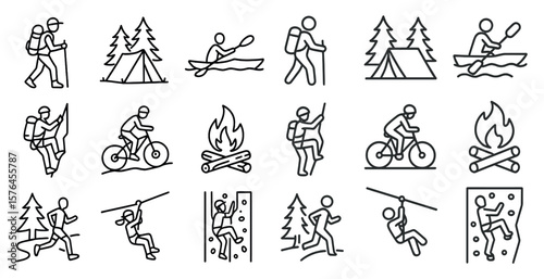 Series of icons depicting various outdoor activities such as biking, camping, and kayaking. The icons are all in black and white and are arranged in a grid