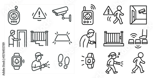Collection of icons depicting various security and safety devices. The icons include a camera, a watch, a door, a fence, a person holding a cell phone, and a person walking
