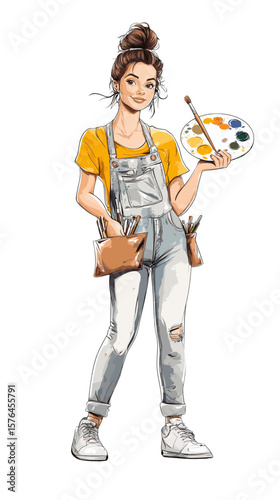 Young woman artist holding paint palette and posing in overalls  