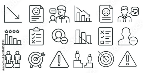 Set of icons that include a person with a sad face, a person with a smiley face, a person with a thumbs up, a person with a thumbs down, a person with a check mark, a person with a cross mark, a