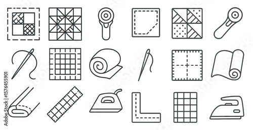 Collection of sewing and crafting tools are shown in a grid. The tools include scissors, a ruler, a needle, and a piece of fabric. Concept of creativity and craftsmanship