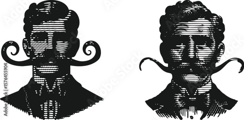  Monochrome lined effect engraving bundle featuring a Victorian gentleman with curled mustache, classic vintage portrait style, detailed vector illustration, elegant antique design, timeless artwork