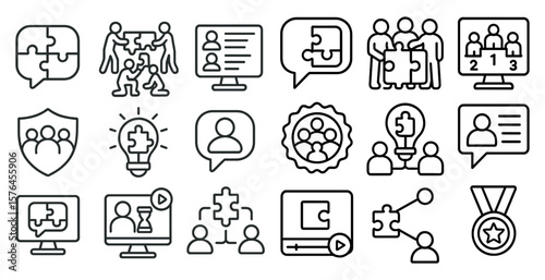 Series of icons depicting people working together. The icons include a person with a light bulb, a person with a shield, a person with a puzzle piece, and a person with a trophy