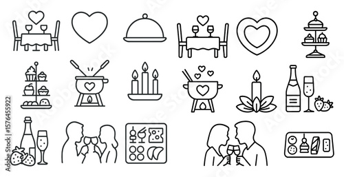 Collection of food and drink icons, including a heart, a cupcake, a wine glass, and a bottle