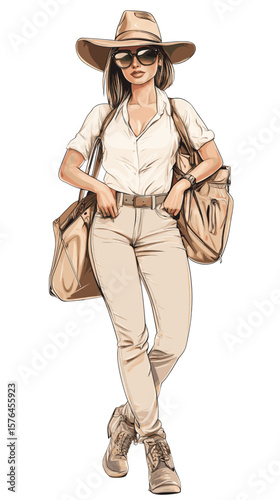 Stylish woman wearing hat and sunglasses with bags in casual outfit  