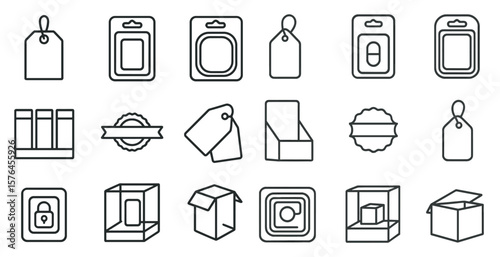 Set of packaging symbols including a box, a tag, and a sticker. The symbols are all in black and white