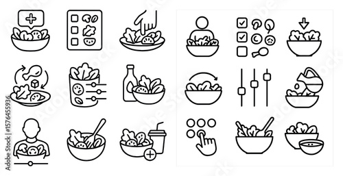 Set of food icons, including bowls, cups, spoons, and bottles, are arranged in a grid