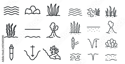 Series of drawings of various ocean and land features. The drawings are in black and white and include a variety of shapes and sizes