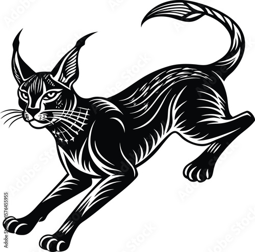 Stylised black Caracalla cat with tufted ears in motion silhouette