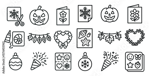 Collection of Halloween-themed icons, including pumpkins, flowers, and stars. The icons are all in black and white and are arranged in a grid