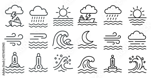 The image is a series of different weather conditions, including rain, wind, and waves. Scene is calm and peaceful, as the water is still and the weather is not too extreme