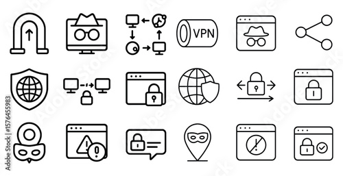 Collection of icons for various computer security and privacy features. The icons include a shield, a globe, a key, a computer monitor, a computer mouse, a computer keyboard, a computer screen